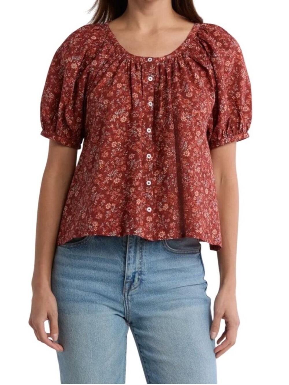 Madewell XL Emilina Mahogany Floral Cotton Button Blouse